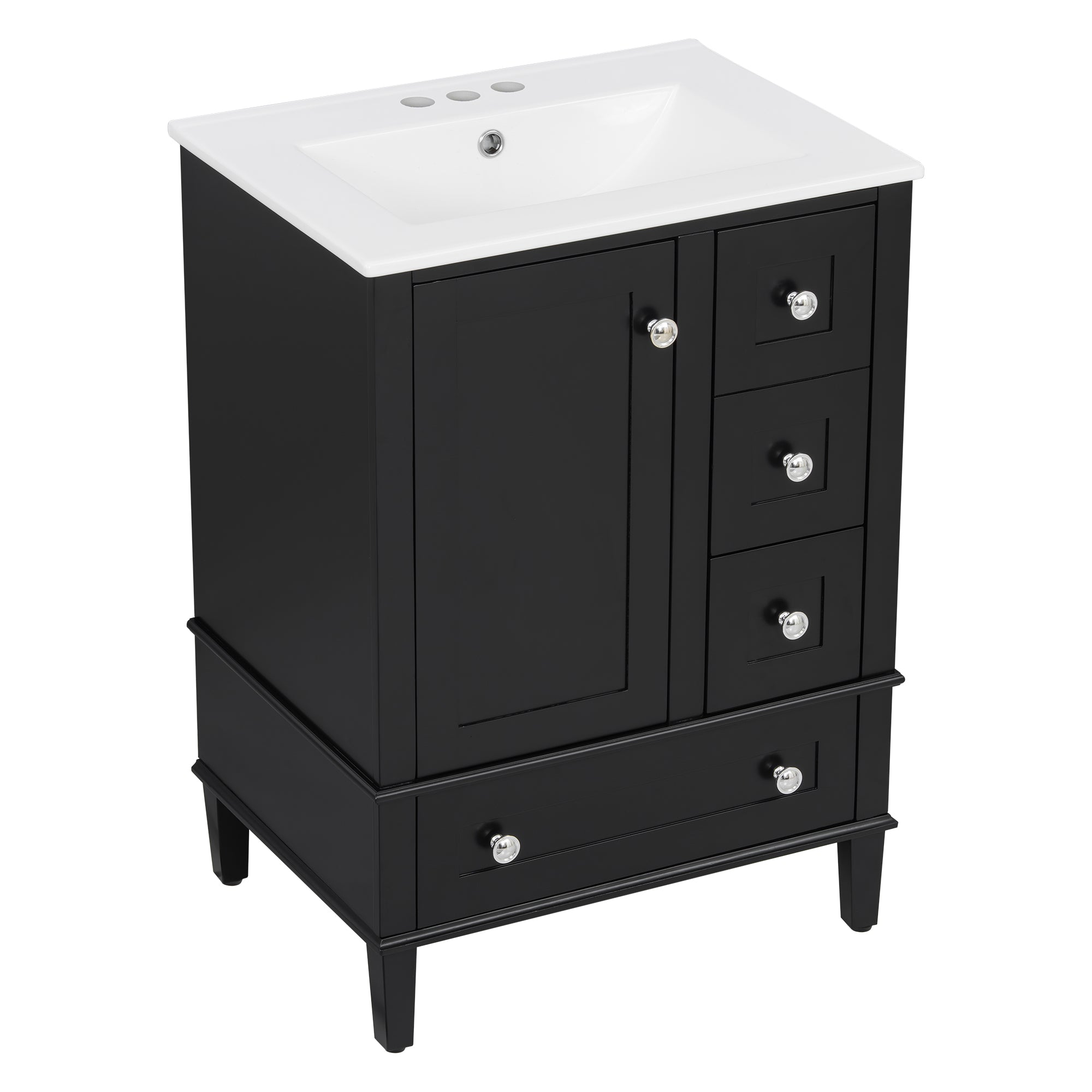 VanityFus Black 24-in Bathroom Vanity Single Sink Combo Ceramic Top 1 Soft-Close Doors 3 Drawers